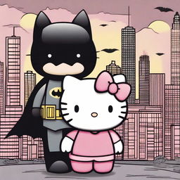 A whimsical scene featuring Hello Kitty standing side by side with Batman