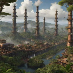 Visualize the unique ecosystem of Madagascar enhanced by steampunk elements, showcasing a fusion of dense rainforests, complex machinery, and smokestacks integrated with the rich biodiversity.