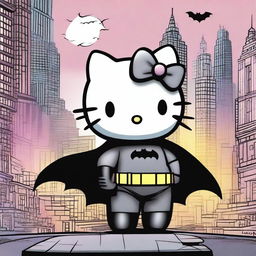 A whimsical scene featuring Hello Kitty standing side by side with Batman