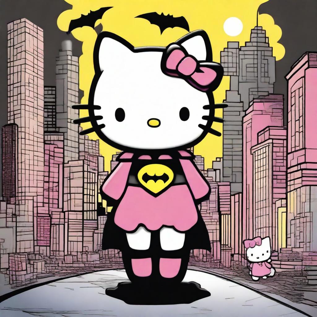 A whimsical scene featuring Hello Kitty standing side by side with Batman