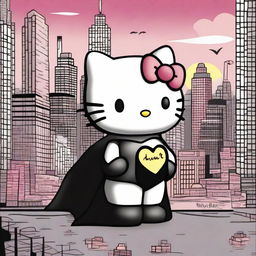 A whimsical scene featuring Hello Kitty standing side by side with Batman