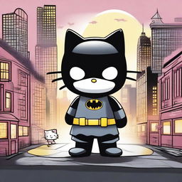 A whimsical scene featuring Hello Kitty standing side by side with Batman