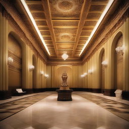 Create an interior scene of a ceremonial hall in a museum, designed in the style of modern classics