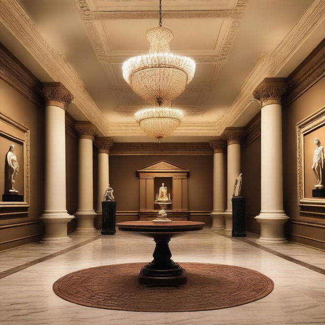 Create an interior scene of a ceremonial hall in a museum, designed in the style of modern classics