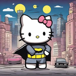 A fun and whimsical scene featuring Hello Kitty standing next to Batman