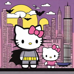 A fun and whimsical scene featuring Hello Kitty standing next to Batman