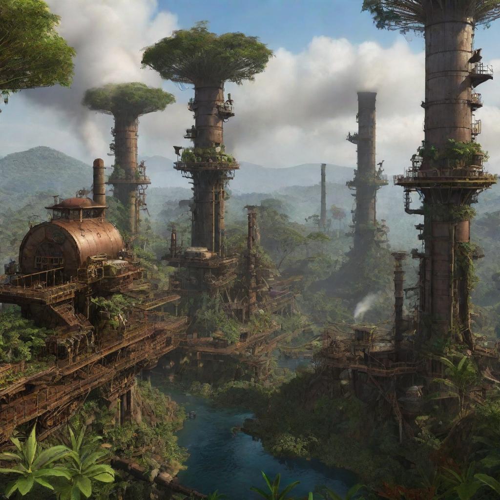 Visualize the unique ecosystem of Madagascar enhanced by steampunk elements, showcasing a fusion of dense rainforests, complex machinery, and smokestacks integrated with the rich biodiversity.