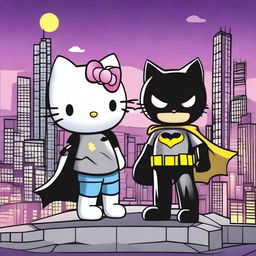 A fun and whimsical scene featuring Hello Kitty standing next to Batman