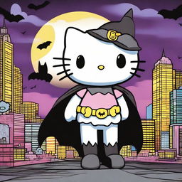 A fun and whimsical scene featuring Hello Kitty standing next to Batman