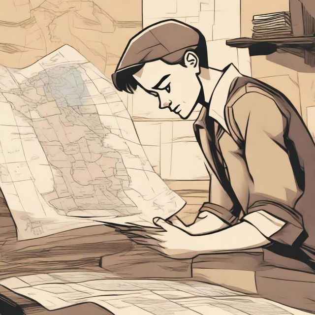 A character is looking at a map or some kind of planning paper