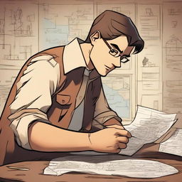 A character is looking at a map or some kind of planning paper