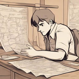 A character is looking at a map or some kind of planning paper