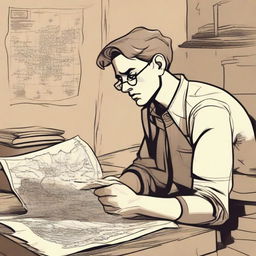 A character is looking at a map or some kind of planning paper