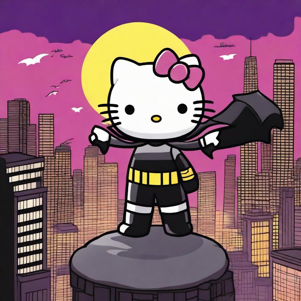 A unique scene featuring Hello Kitty standing alongside Batman on a rooftop at night