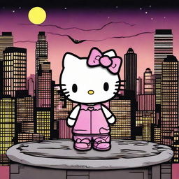 A unique scene featuring Hello Kitty standing alongside Batman on a rooftop at night