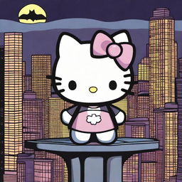 A unique scene featuring Hello Kitty standing alongside Batman on a rooftop at night