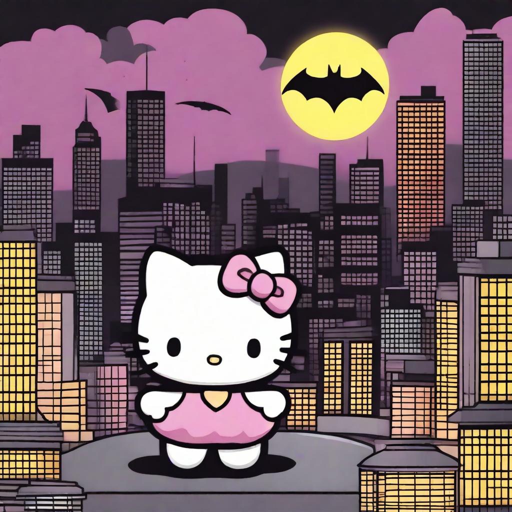 A unique scene featuring Hello Kitty standing alongside Batman on a rooftop at night