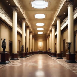 Create an interior scene of an award hall in a museum, designed in the style of modern classics