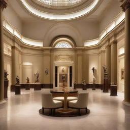 Create an interior scene of an award hall in a museum, designed in the style of modern classics