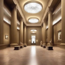 Create an interior scene of an award hall in a museum, designed in the style of modern classics