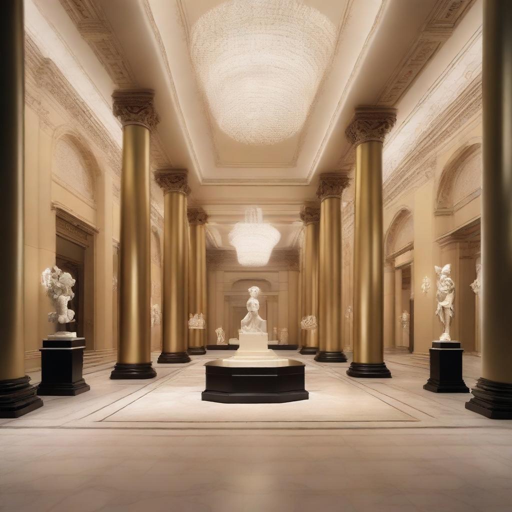 Create an interior scene of an award hall in a museum, designed in the style of modern classics