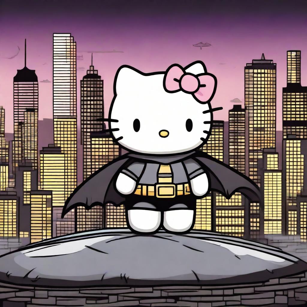 A captivating scene featuring Hello Kitty and Batman standing together on a rooftop at night