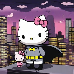 A captivating scene featuring Hello Kitty and Batman standing together on a rooftop at night