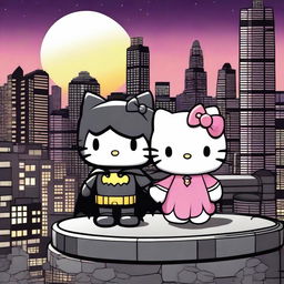 A captivating scene featuring Hello Kitty and Batman standing together on a rooftop at night