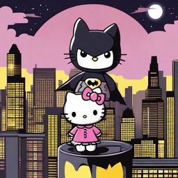 A captivating scene featuring Hello Kitty and Batman standing together on a rooftop at night