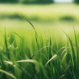 A lush green field of grass, with blades gently swaying in the breeze