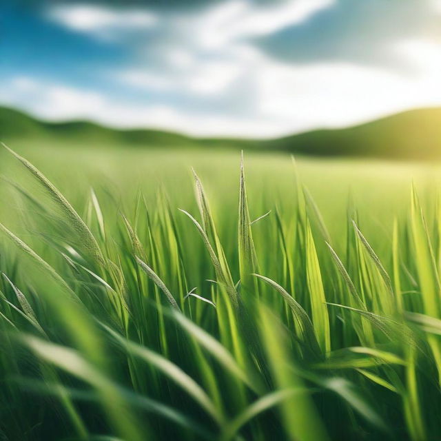 A lush green field of grass, with blades gently swaying in the breeze