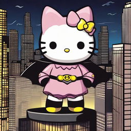 A captivating scene featuring Hello Kitty and Batman standing together on a rooftop at night