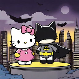 A captivating scene featuring Hello Kitty and Batman standing together on a rooftop at night