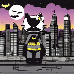 A captivating scene featuring Hello Kitty and Batman standing together on a rooftop at night