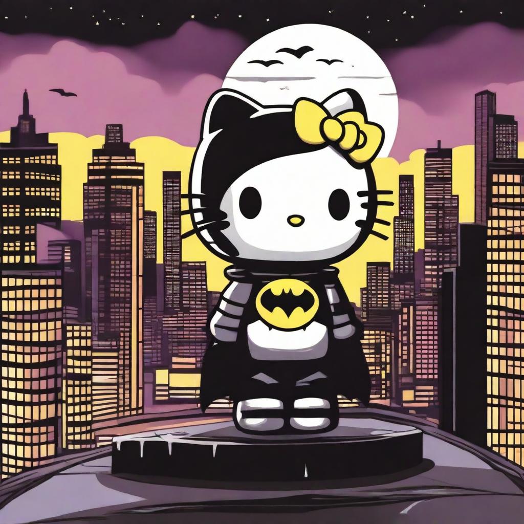 A captivating scene featuring Hello Kitty and Batman standing together on a rooftop at night