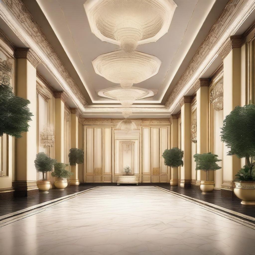 Create an interior scene of an award hall that is 4 meters high, designed in the style of modern classics