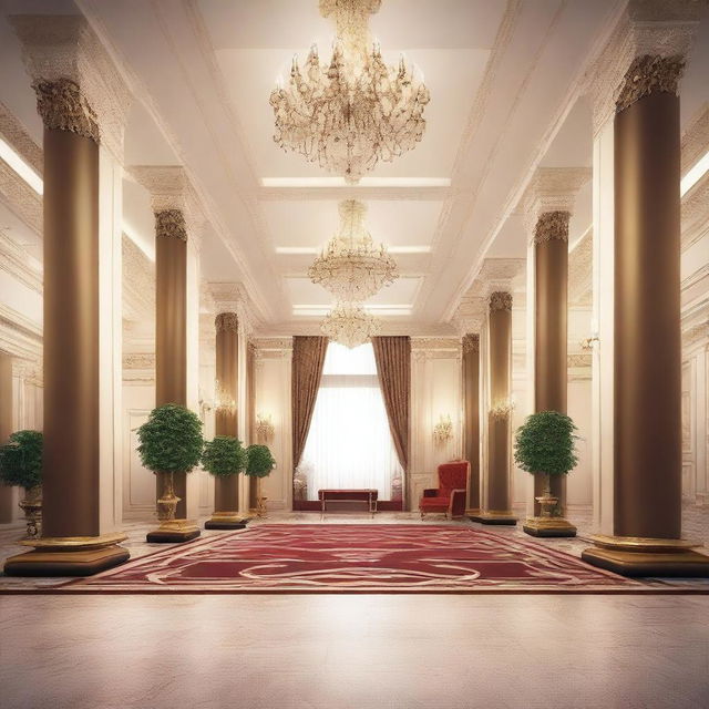 Create an interior scene of an award hall that is 4 meters high, designed in the style of modern classics