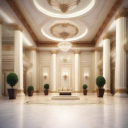 Create an interior scene of an award hall that is 4 meters high, designed in the style of modern classics