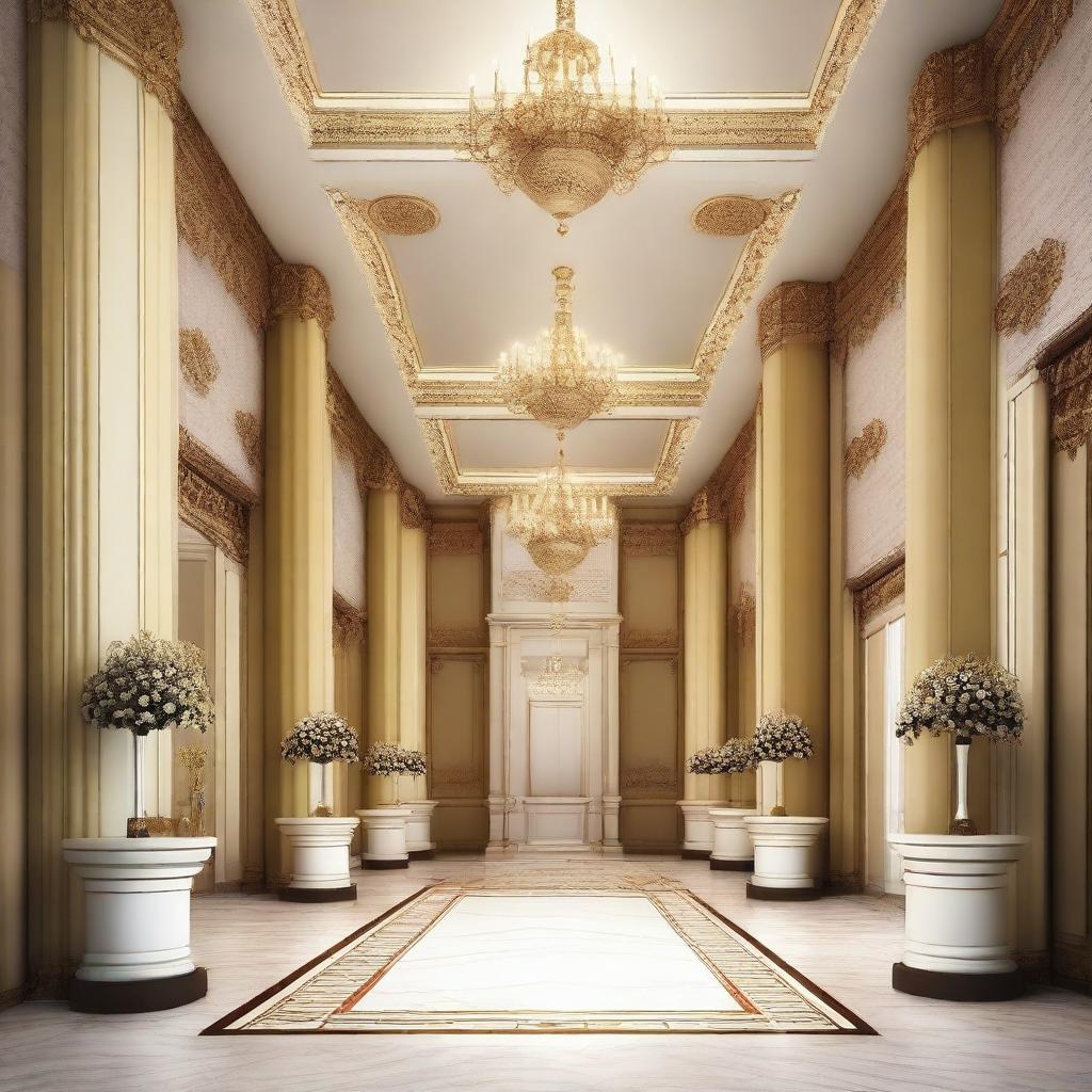 Create an interior scene of an award hall that is 4 meters high, designed in the style of modern classics