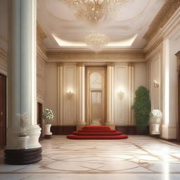 Create an interior scene of an award hall that is 4 meters high, designed in the style of modern classics