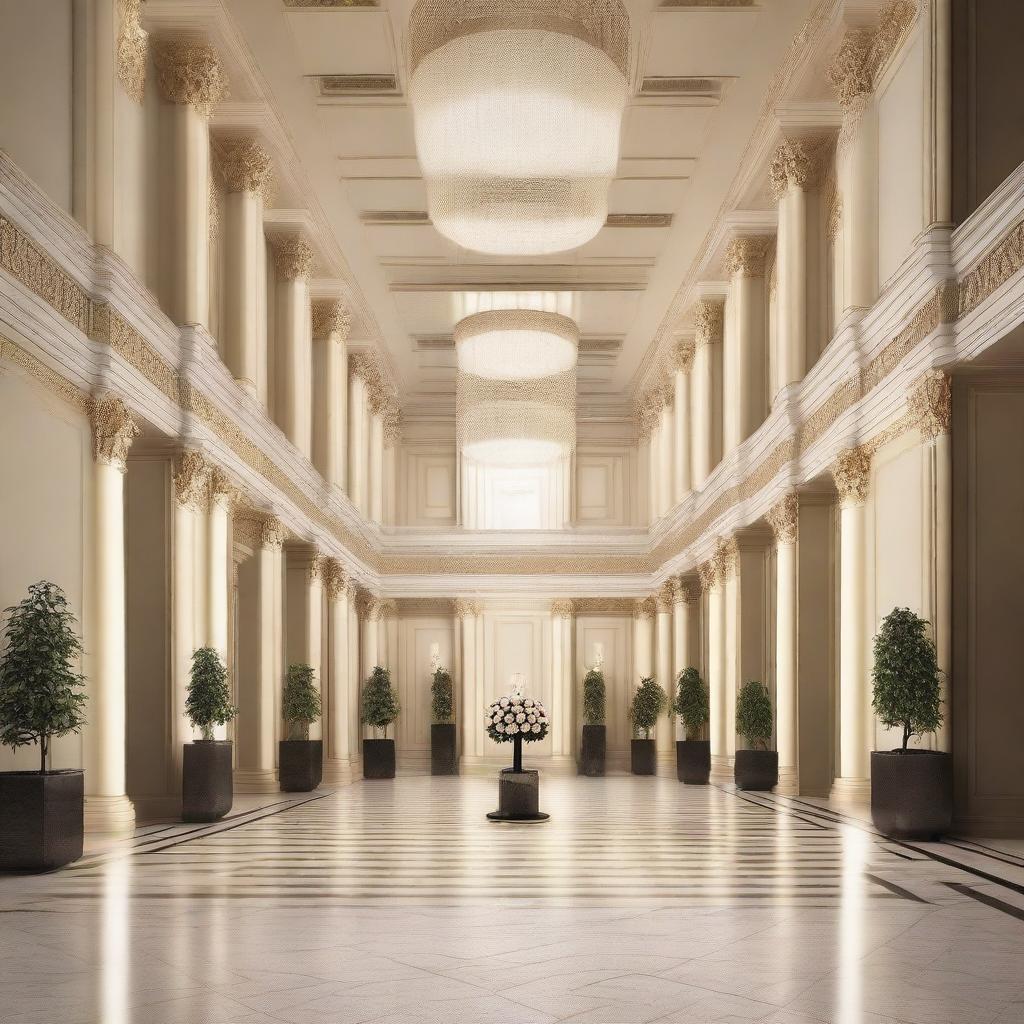 Create an interior scene of an award hall that is 4 meters high, designed in the style of modern classics