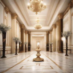 Create an interior scene of an award hall that is 4 meters high, designed in the style of modern classics