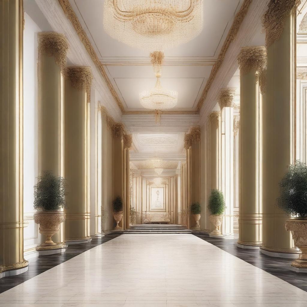 Create an interior scene of an award hall that is 4 meters high, designed in the style of modern classics