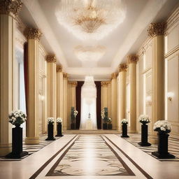 Create an interior scene of an award hall that is 4 meters high, designed in the style of modern classics