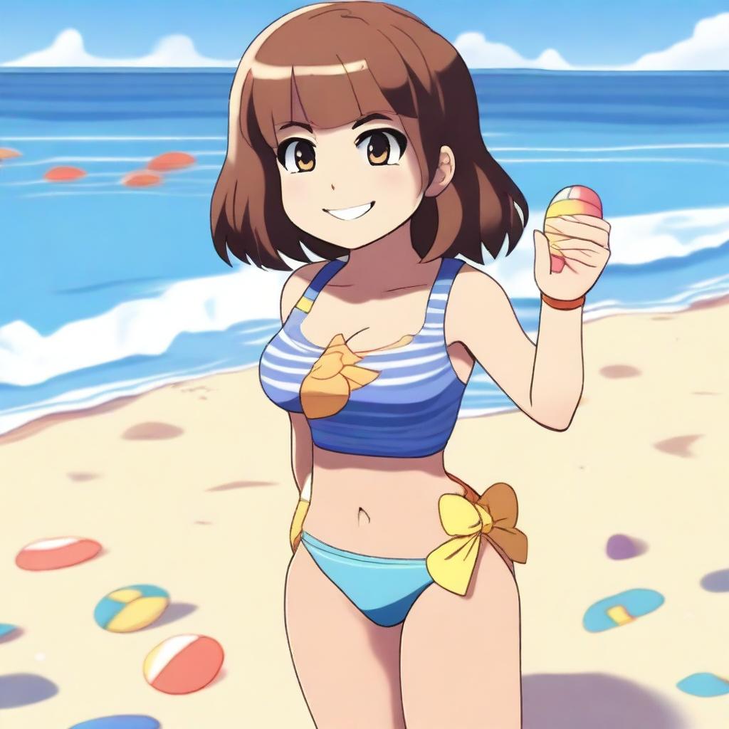 Frisk from the game Undertale wearing a bikini, standing on a beach with the ocean in the background