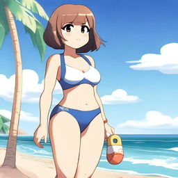 Frisk from the game Undertale wearing a bikini, standing on a beach with the ocean in the background