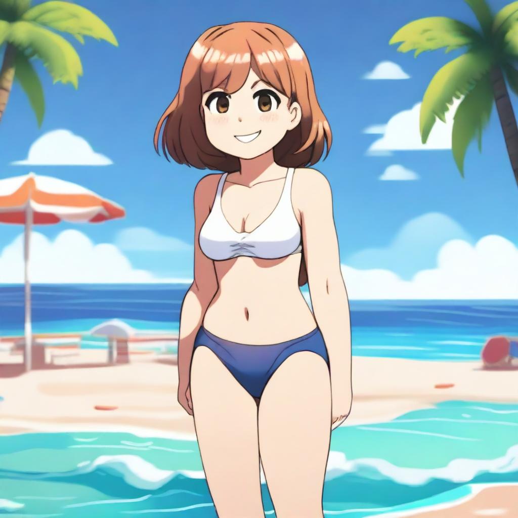 Frisk from the game Undertale wearing a bikini, standing on a beach with the ocean in the background