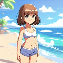 Frisk from the game Undertale wearing a bikini, standing on a beach with the ocean in the background