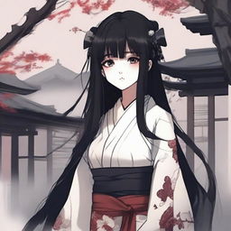 An anime girl in the style of Japanese horror games, wearing a traditional Japanese dress, with long black hair