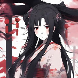 An anime girl in the style of Japanese horror games, wearing a traditional Japanese dress, with long black hair